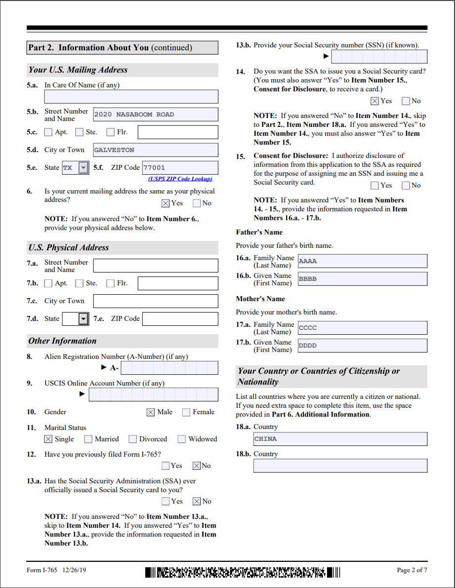 I 765 Form Page 2